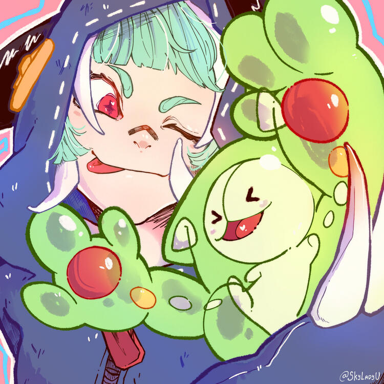 Ilustração da personagem Guita e o Pokémon Reuniclus.